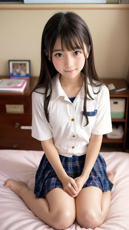 Beautiful and cute Japanese junior high school girls、Standing on my knees on the bed