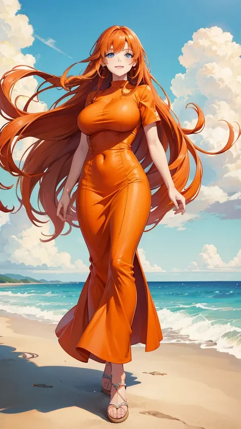 a beautiful young woman with long orange hair, big breasts, wearing a tight long orange shirt and dress, blue eyes, soft white skin, smiling, hair blowing in the wind, standing in a white background, full body covered