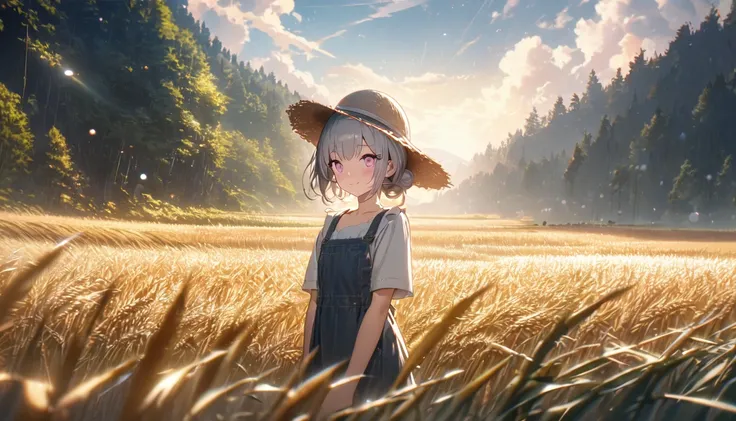 one girl, silver short hair and bob hair、I tied my hair in a bun with a hair clip..、beautiful pink eyes、smile、gentle smile on her face、flat chest, one Beautiful girl,((masterpiece, illustration, best quality) ((ultra-detailed)) Wheat field, a farmer uncle ...