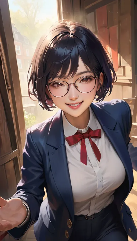 A high school girl with black short bob hair, Glasses,Red ribbon,wearing a navy blazer ,Happy smile,Moving,Happy atmosphere,realistic
