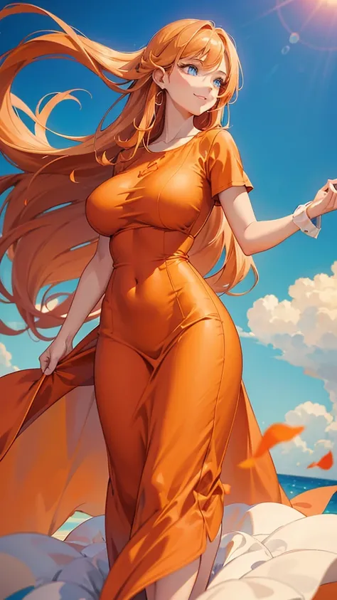 a beautiful young woman with long flowing orange hair, big full breasts, wearing a tight long orange shirt and flowing dress, piercing blue eyes, soft glowing white skin, smiling warmly, hair blowing gently in the wind, standing elegantly in a simple white...