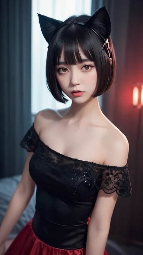 Delicate and dainty young woman with shiny bob-cut black hair and cat ears. She is wearing an off-the-shoulder bright red mini-skirt dress. The background is a fantastic and ethereal night sky that seems to be haunted by a specter. Her expression is stern ...