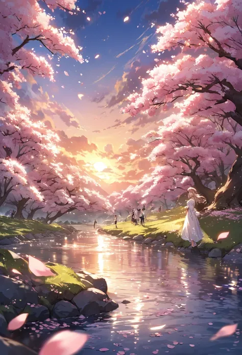 Attention to detail, Super Detail, Ultra-high resolution, Angels having a good time near the river of dreams, Cherry blossom tree and sunset behind the girl,The light of the setting sun shining down on her, The background is a cherry tree,A beautiful river...