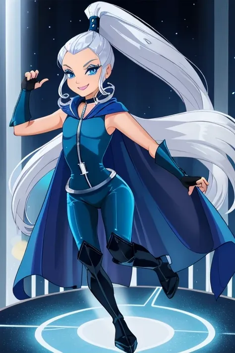 
 blue eyes, white hair, ponytail, very long hair, eyeshadow, WitchOutfit, sleeveless, dark-blue bodysuit, kneeboots, gloves, blue cape, icywinx, smile, room