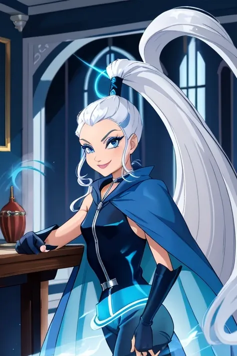 blue eyes, white hair, ponytail, very long hair, eyeshadow, witchoutfit, sleeveless, dark-blue bodysuit, kneeboots, gloves, blue...