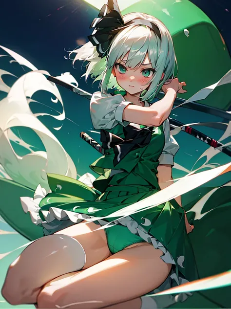 blush,Spread your legs,Light green underwear,Konpaku Youmu