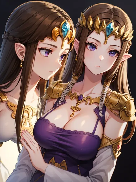 (((Offer a prayer))),((Face close-up)),((valley)),((((Exposed shoulders)))),(((Are standing))),,(((Golden hair ornament)),,(((Long Hair)))),((Big Breasts)),((((Exposed shoulders)))),((side angle)),Princess Zelda, ((Highest quality)),,(Very detailed) ,((Pur...