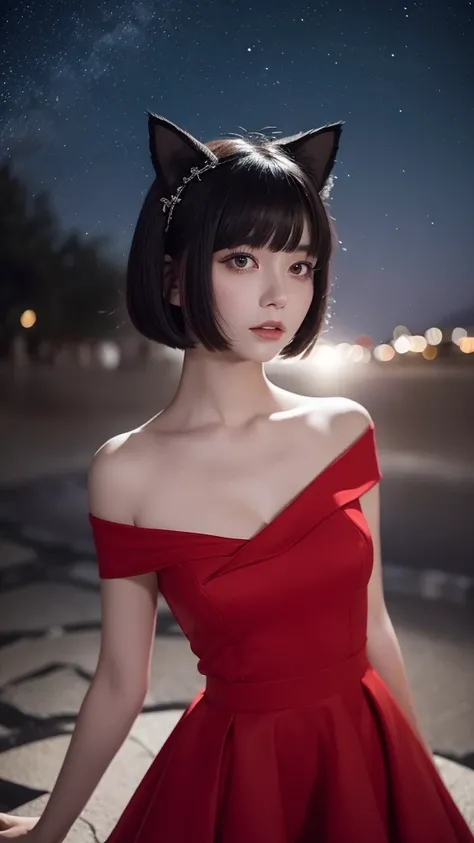 Delicate and dainty young woman with shiny bob-cut black hair and cat ears. She is wearing an off-the-shoulder bright red mini-skirt dress. The background is a fantastic and ethereal night sky that seems to be haunted by a specter. Her expression is stern ...