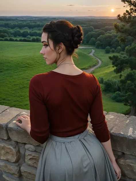 (back view, looking over shoulder, looking at viewer, view from behind), Gorgeous and sultry busty athletic (thin) brunette queen with sharp facial features wearing a modest updo, dark red medieval dress, long sleeves, wide neck, crown, veil, long dress, t...