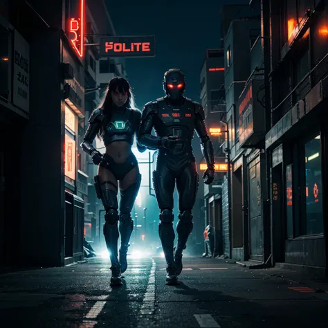 robot soldiers, running in cyberpunk city, neon-lit buildings 