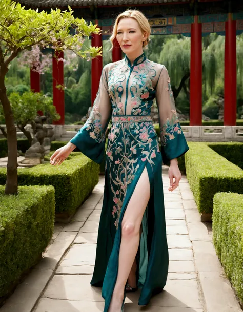 1 woman (Cate Blanchett, age 25, intricate silk Chinese dress with lots of embroidery sheer with several large slits, no underwear, traditional hairstyle and Chinese makeup) wandering through a palace garden
