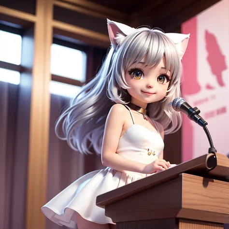 Chibi Character, A silver-haired girl with cat ears wearing a white dress, smile, mini skirt, See-through tights, Open-chested, ((The president is giving a speech))、(Stand microphone)、Performance、front、White House in the background