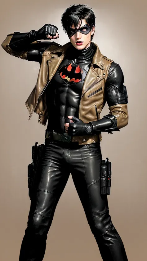 ((American comic hero)),,((jason todd)),((young cute and cool ikemen  boy)),((black hair)),((very cool guy)), ((face is no paint and no mask)),,his age is early 20s, thin eyebrows and beady eyes, ((he is wearing light beige color thick leather jacket)),((j...