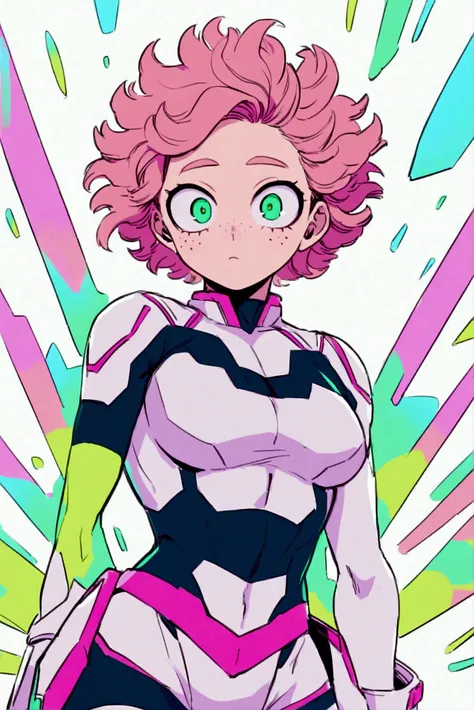 my hero academia,  with curly pink hair and green eyes with freckles