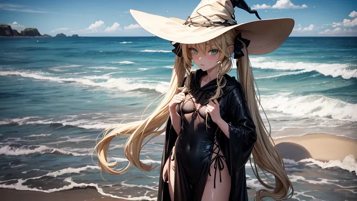 very slender. Long, blonde hair. She has green eyes. pigtails tied wearing a large witch hat. Wearing a black swimsuit, wet clothes, beach background, full body portrait, 