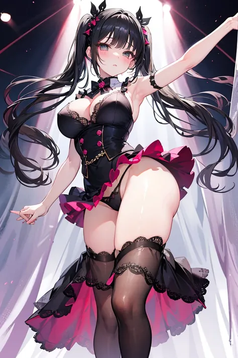 A woman with big ，Black Hair，twintails，Beauty，Black long hair，Bow，Very transparent lolita skirt，Premium fabrics，(Lace)，Beautiful hair accessories，weak，Sexy，Color，lactation，blush，stage，Bright Light，Dance poses，High Leg Raise，ahegao，