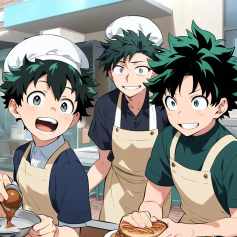 (animation my hero academia) shindo yo the student who looks like izuku midoriya but with black hair ,gray eyes with a baker&#39;s suit , baker hat and sexy smile