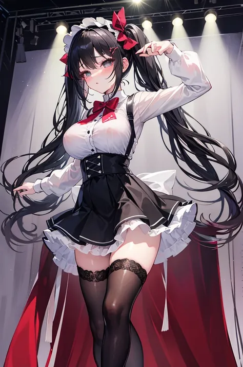 A woman with big ，Black Hair，twintails，Beauty，Black long hair，Bow，Very transparent lolita skirt，Premium fabrics，(Lace)，Beautiful hair accessories，weak，Sexy，Color，lactation，blush，stage，Bright Light，Dance poses，High Leg Raise，ahegao，