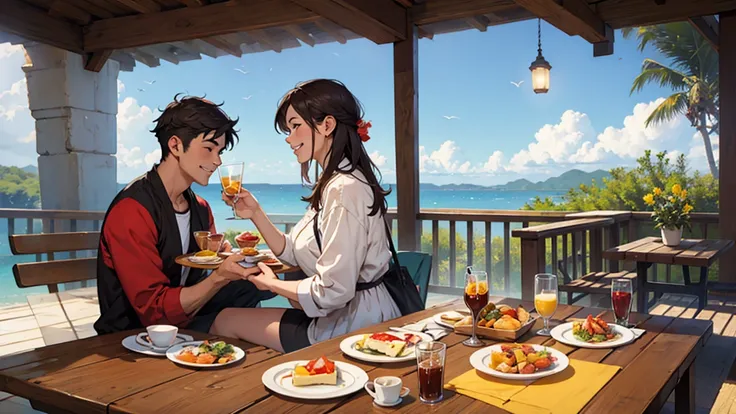 Couple happily having breakfast in the sky