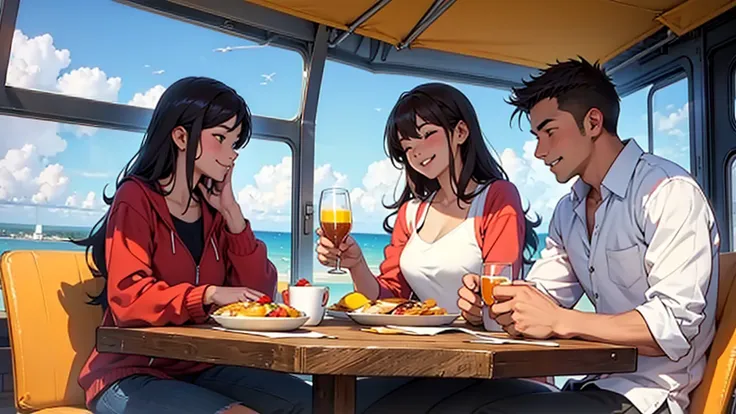 Couple happily having breakfast in the sky