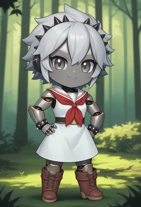 score_9, score_8_up, source_anime, masterpiece, best quality, absurdres, BREAK 1girl, chibi, metallic skin, long spiked metallic hair, grey eyes, hand on hip, forest, BREAK white dress, boots, wristband, red neckerchief, smile