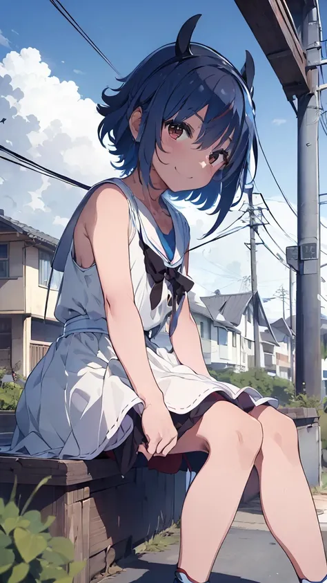 masterpiece, Highest quality, High resolution, Very detailed,(((Mikoto Naruka))), (((Blue ground)))、(((electric wire)))、(((smile)))、(((sitting at a distance))), Wearing a white dress。, Blue City, Blue electric pole, blue sky,