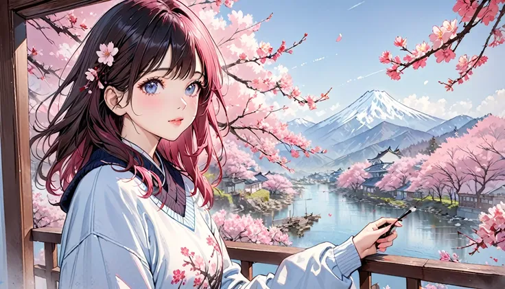 illustrator, anime , realistic ,sketch , 1 girl, sweater,order, pink and blue sky background, hair,Textured Trim,  (masterpiece,highest quality) Good luck,Half of the screen is cherry blossoms,deep pink cherry blossoms,ink painting,Background center