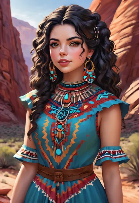 Beautiful boho women stunning merge of Masiela Lusha with colorful southwestern style dress. colorful southwestern earing and. jewelry dark-black colored hair that is coarse, wiry, and tightly curled. It often has a rough texture, feels stiff to the touch,...