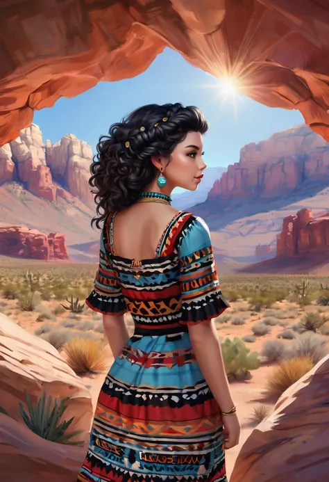 Beautiful boho women stunning merge of Masiela Lusha with colorful southwestern style dress. colorful southwestern earing and. jewelry dark-black colored hair that is coarse, wiry, and tightly curled. It often has a rough texture, feels stiff to the touch,...