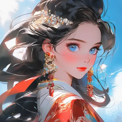 There is a picture of a woman，She has blue eyes and earrings, Popular on cgstation, rossdraws 1. 0, Popular trends on artstration, rossdraws 2. 5, Clean art style, rossdraws 2. 0, guweiz style artwork, Discord profile picture, Lovely art style, Qatar, Digi...