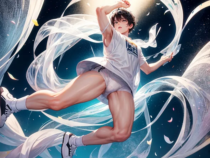 full body of a man from the front, sturdy in white underwear, sweaty skin, Short black hair, short white t-shirt, white sneakers with white socks, glam makeup, tuquoise background and multicolored light from below, bright glitter in the air and wind. 