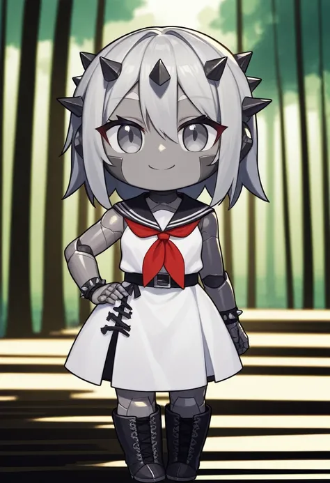 score_9, score_8_up, source_anime, masterpiece, best quality, absurdres, BREAK 1girl, chibi, grey metallic skin, grey long spiked metallic hair, grey eyes, hand on hip, forest, BREAK white dress, black boots, black wristband, red neckerchief, smile