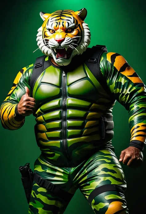 (a dark-skinned fat old man in a bulky green army camouflage zipper diver suit), wearing a realistic roaring (tiger mask), thumbs up, carrying a gun holster, muscular physique, imposing stature, Basuki Abdullah style, sumatraism, action, (a character portr...