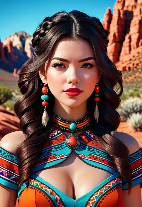 Beautiful boho women stunning merge of Masiela Lusha with colorful southwestern style dress. colorful southwestern earing and. jewelry dark-black colored hair that is coarse, wiry, and tightly curled. It often has a rough texture, feels stiff to the touch,...