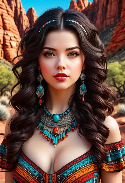 Beautiful boho women stunning merge of Masiela Lusha with colorful southwestern style dress. colorful southwestern earing and. jewelry dark-black colored hair that is coarse, wiry, and tightly curled. It often has a rough texture, feels stiff to the touch,...