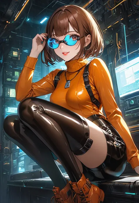 masterpiece,best quality, highly detailed, score_9, score_8_up, score_7_up, score_6_up,source anime,BREAK
 velma,1girl, glasses, solo, breasts, brown hair, latex black, brown eyes, short hair, freckles, ((med breasts)), lips, smile, turtleneck sweater, ora...