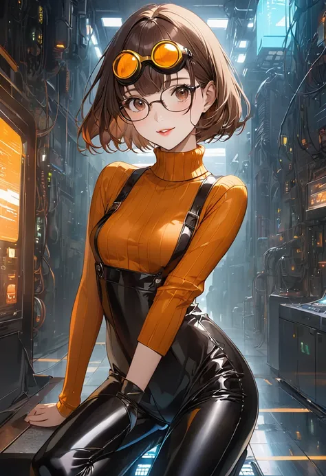 masterpiece,best quality, highly detailed, score_9, score_8_up, score_7_up, score_6_up,source anime,BREAK
 velma,1girl, glasses, solo, breasts, brown hair, latex black, brown eyes, short hair, freckles, ((med breasts)), lips, smile, turtleneck sweater, ora...