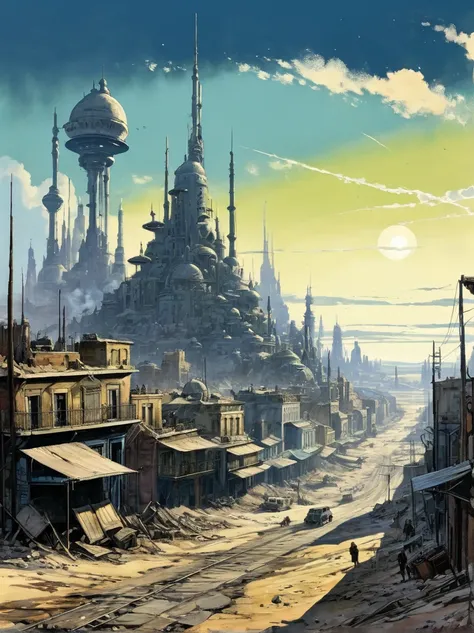 in style of Alexandre Benois, city landscape, wasteland, sci-fi art