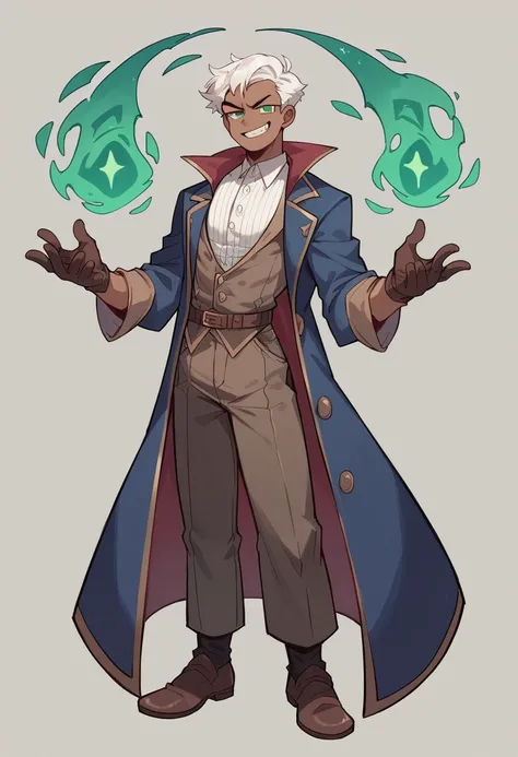 Human Male , Wizard  , white hairStyle , Clear Skin ,waistCoat ,dark age Clothing ,smug face , Green pupils ,Smile , Gloves ,solo ,Full body , Four colors 