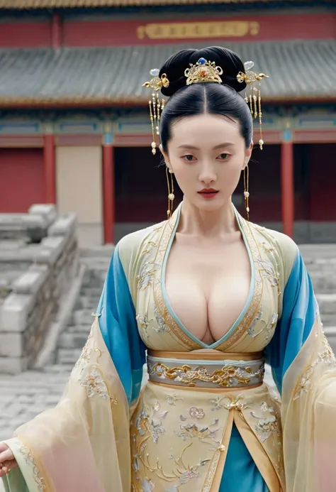 Chinese actress Xu Xun in The Legend of Ruyi (Zhou Xun) A Qing dynasty Empress standing in the foreground, showing her large breasts, her hairy pussy and underbelly, naked without underwear on the cobblestones outside a Chinese palace during the Qing dynas...