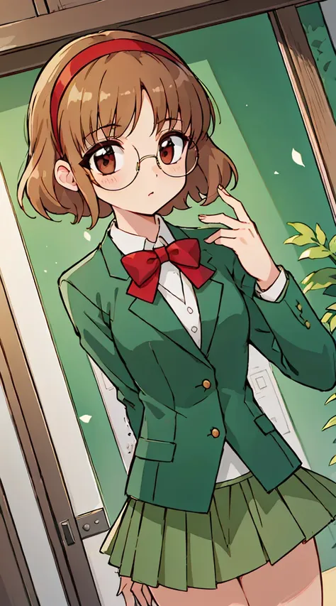 phoenix temple fuu,one girl,short hair,light brown hair,glasses,((red hairband)),green blazer,mini skirt,masterpiece,noise reduc...