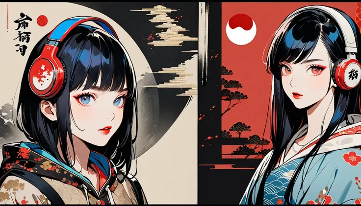 (((Ink Painting))), Fashion portrait color photos, (((1 girl))), (((Flashy makeup))), (((Japanese style headphones))), (((Japanese pattern hoodie))), (((Put on the hood))), Japan人の美少女, Black Hair, Delicate and precise, Modern ukiyo-e style,Japan, Japanese ...