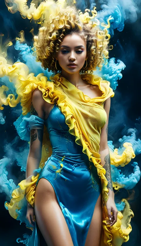 All yellow, abstract, curly fabric, clothes, 4D tattoo artstyle, blue Rembrandt lights style, 8k, 4D, mechanics, shiny lights vivid, realism, photo abstract, smoke, nice render vfx --ar 9:16 --s 963 --c 9 --q 2 -