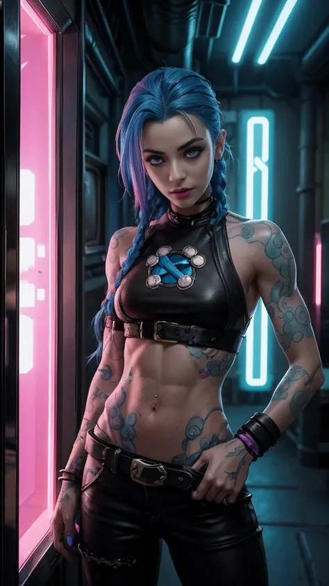 jinx arcane, uma mulher com hair blue e tatuagens, cyberpunk woman anime woman, pants, Beautiful angry cyberpunk goddess, cyberpunk artstyle, cyberpunk anime digital art, cyberpunk anime art, Arcane Jinx Retrato, cyberpunk anime art, cyberpunk themed art, ...