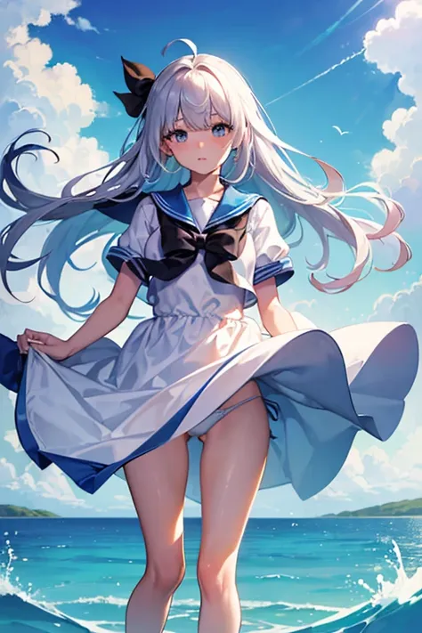 (master_piece, high_quality, beautiful, super delicate, absurdres:1.2), 1girl, mature, 16 years old, beautiful face, ahoge, hair fluttering in the wind, white hair, blue eye, (sailor suit, long dress, The wind is blowing, dress flipped up, I can see your u...