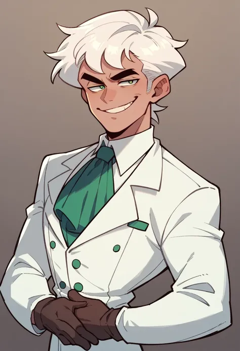 Human Male  , white hairStyle , Clear Skin ,waistCoat  ,smug face , Green pupils ,Smile , Gloves ,solo  , Four colors 