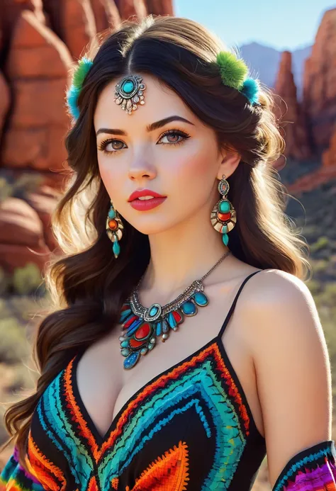 Beautiful boho women stunning merge of Masiela Lusha with colorful southwestern style dress. colorful southwestern earing and. jewelry dark-black colored hair that is coarse, wiry, and tightly curled. It often has a rough texture, feels stiff to the touch,...