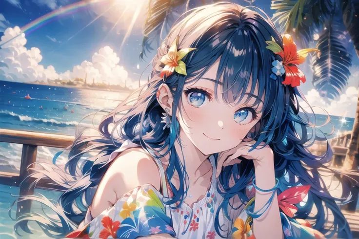 Masterpiece、Rainbow Hair、Delicate eyes、smile、Tied up hair、Beautiful hair ornament、Upper Body、(((Cheek resting on hand)))、Tropical Juice、night、Ocean、Palm tree