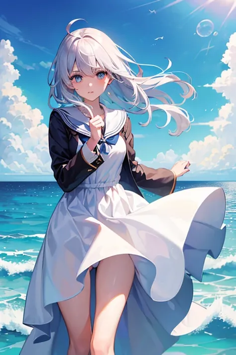 (master_piece, high_quality, beautiful, super delicate, absurdres:1.2), 1girl, mature, 16 years old, beautiful face, ahoge, hair fluttering in the wind, white hair, blue eye, (school suit, long dress, The wind is blowing, dress flipped up, I can see your u...