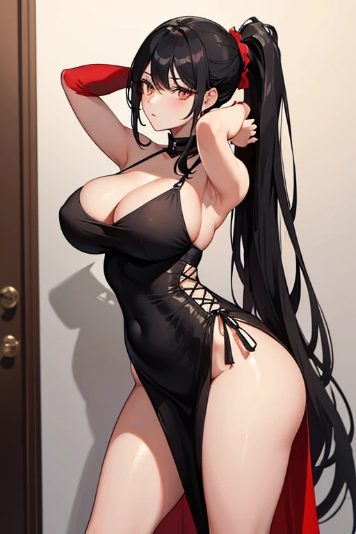 Girl with long black hair tied in a ponytail wearing an elegant and sexy dress in black gold and red that highlights her curves, big tits and big ass